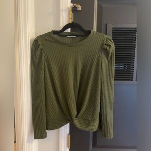 Pleione Womens Olive Green Twist Front Long Sleeve Ribbed Top Size S EUC Stretch